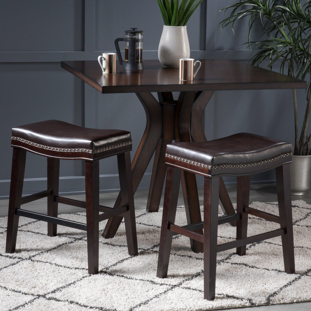 Chic Dark Brown Saddle Counter Stools with Nailhead Detail (Set of 2)