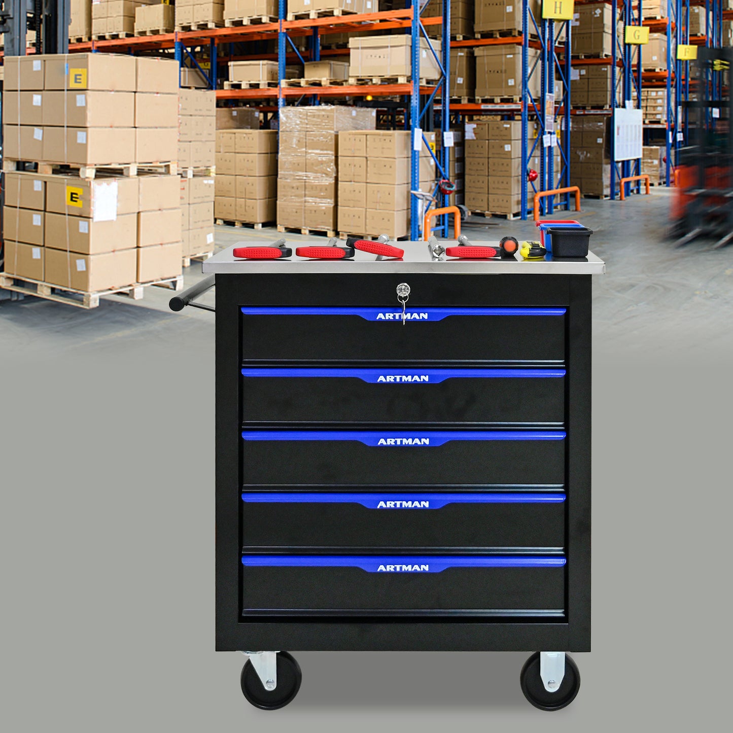 Rolling Tool Cart with 5 Drawers - Black & Blue