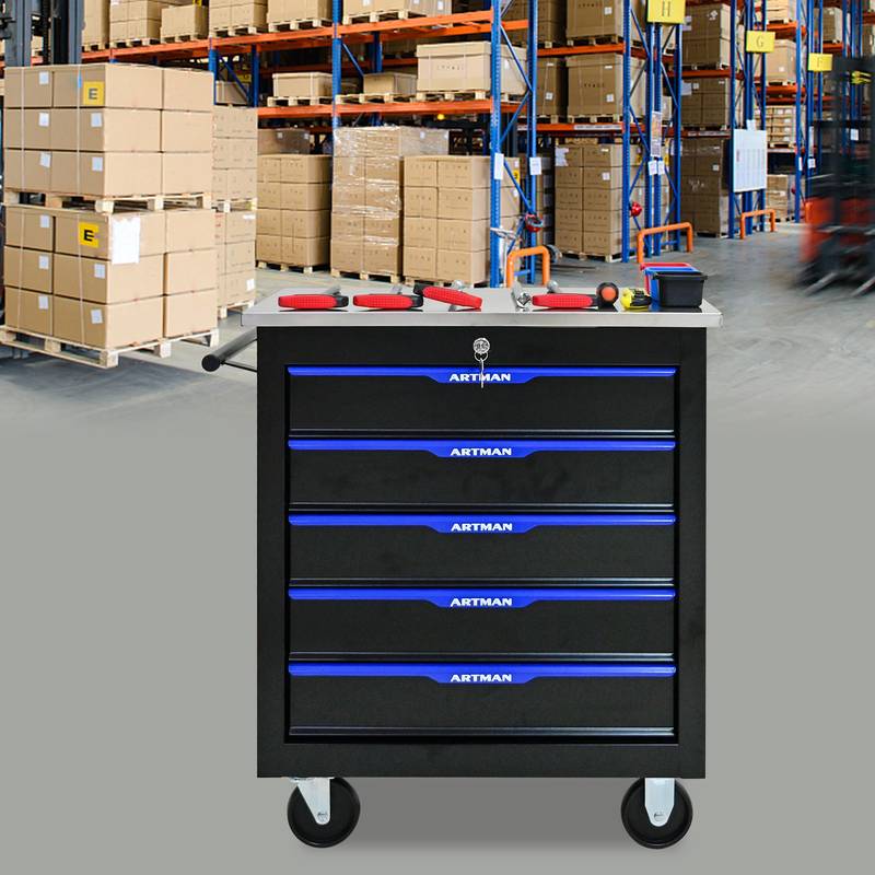 Rolling Tool Cart with 5 Drawers - Black & Blue