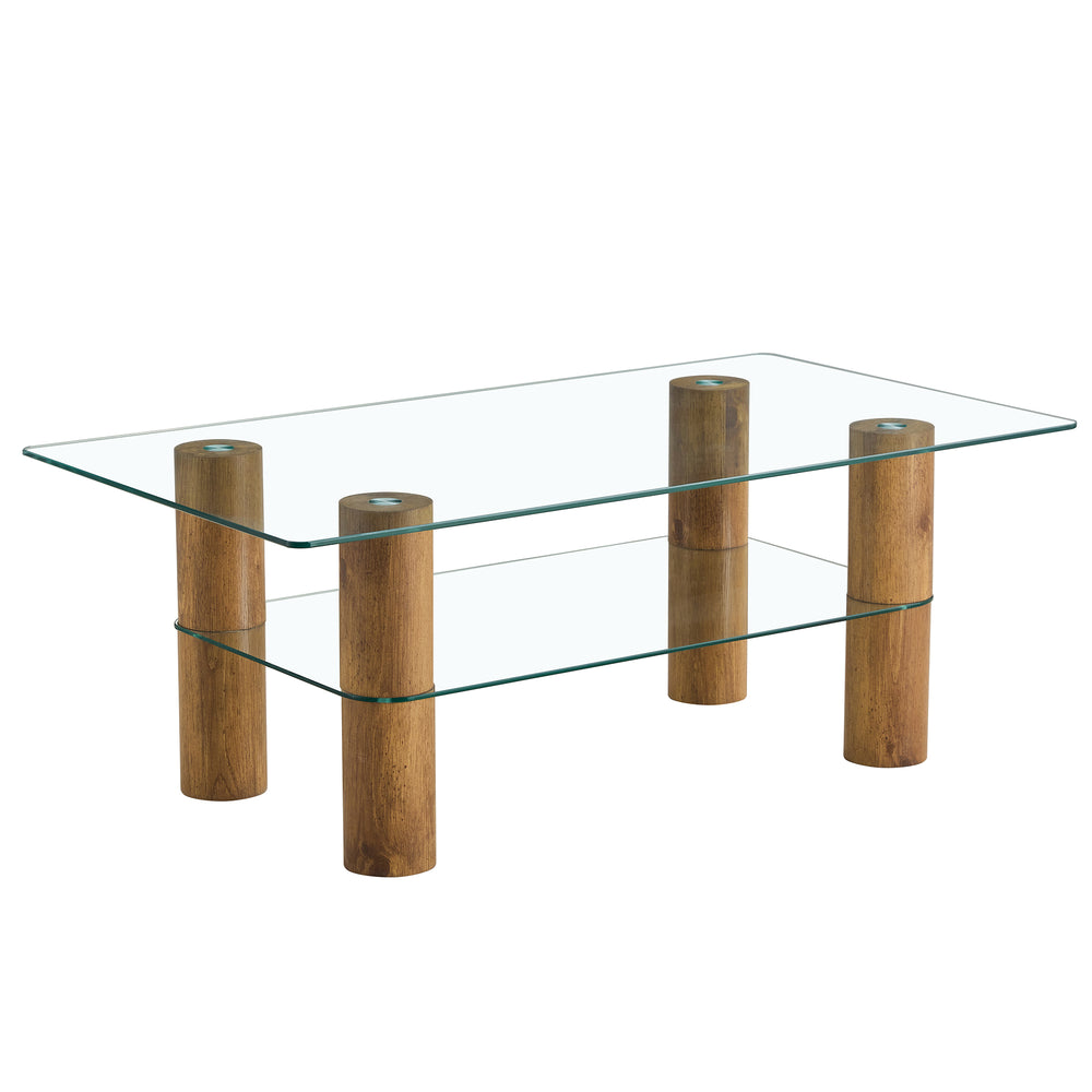 Sleek Dual-Layer Glass Coffee Table with Wooden Accents