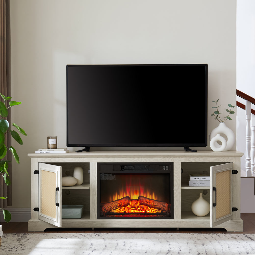 Cozy Farmhouse Rattan TV Stand with Fireplace Insert