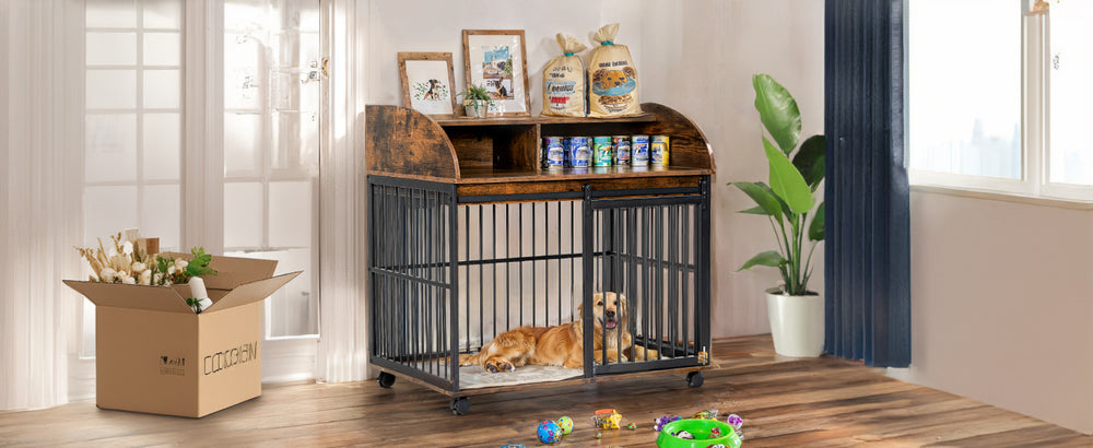 Stylish Heavy-Duty Dog Crate with Wheels and Storage