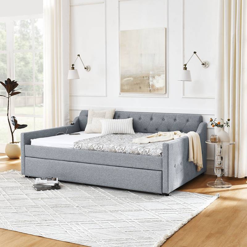 Linen Grey Daybed with Trundle and USB Charging