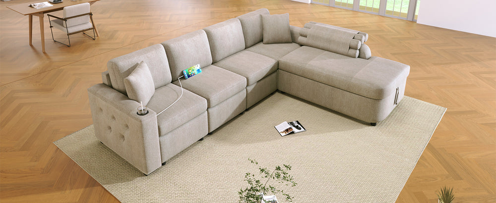 Cozy L-Shaped Sofa with Storage, Cup Holders, and USB Ports - Beige