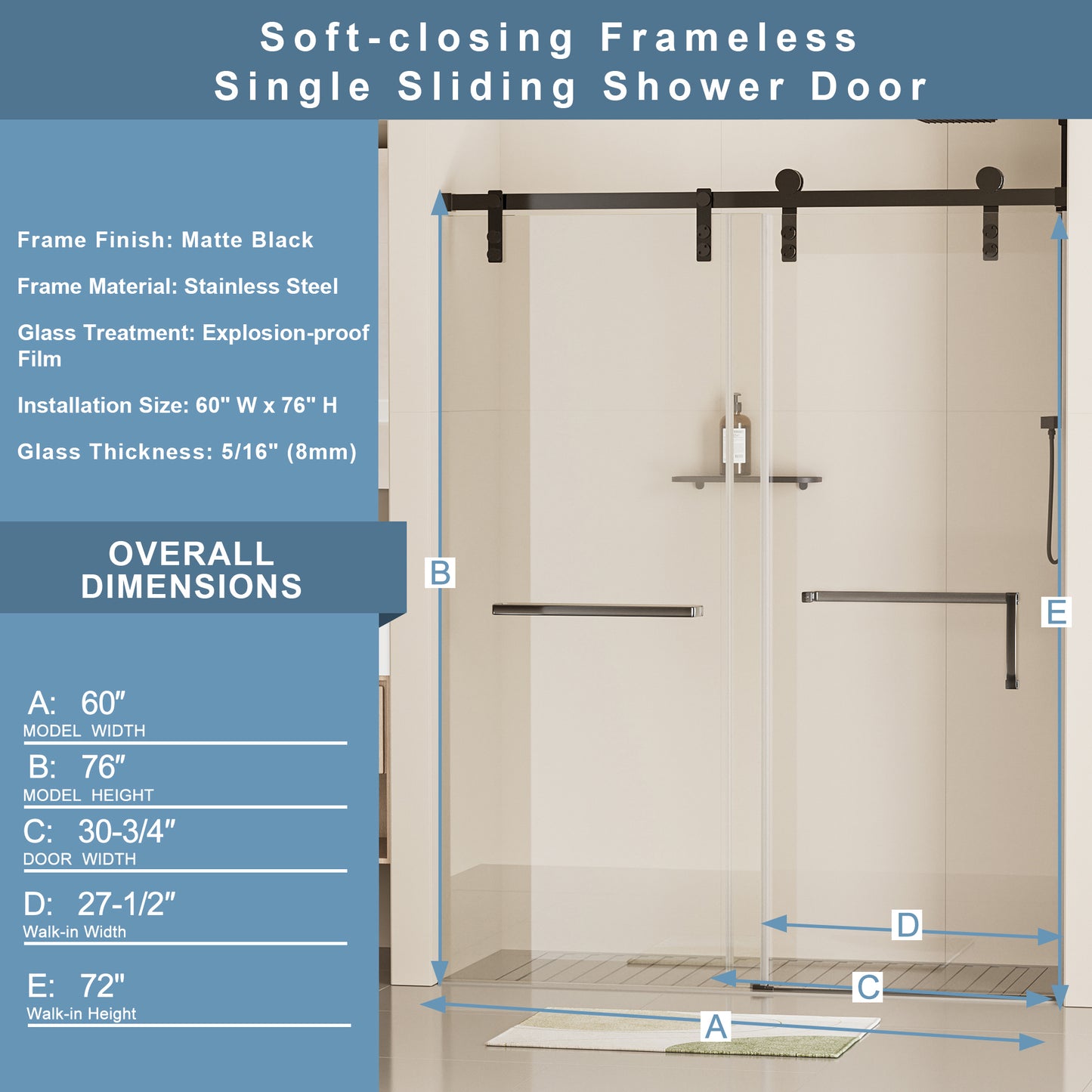 Sleek Sliding Soft-Close Shower Door with Tempered Glass & Matte Black Finish