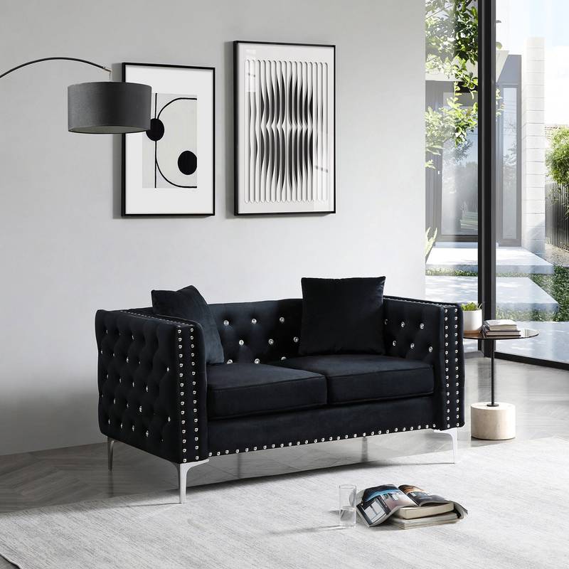 Luxurious Black Velvet Jewel Button Sofa with Pillows