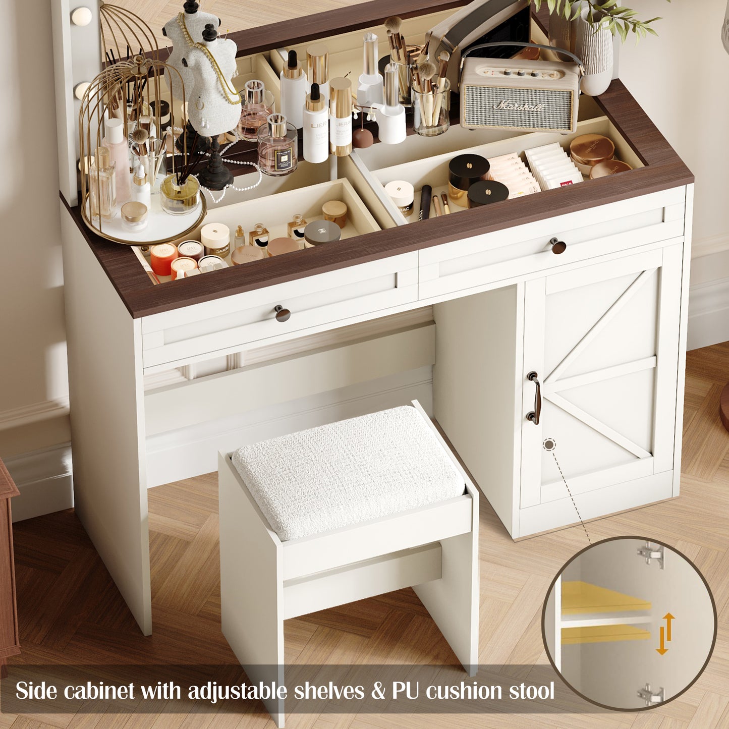 Glam Glow Vanity: Bright Mirror Makeup Table with Adjustable Lights & Storage Drawers