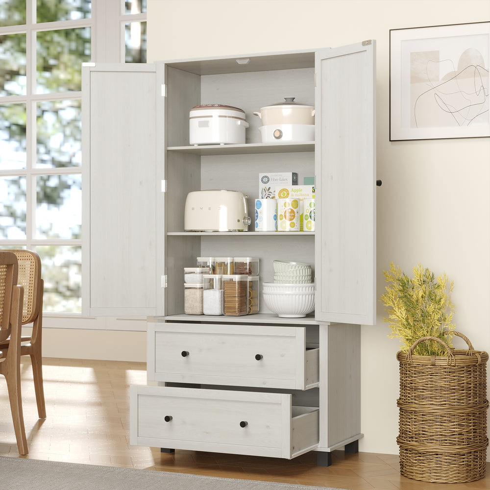 Elegant Pantry Storage Cabinet with Drawers and Shelves in Antique White