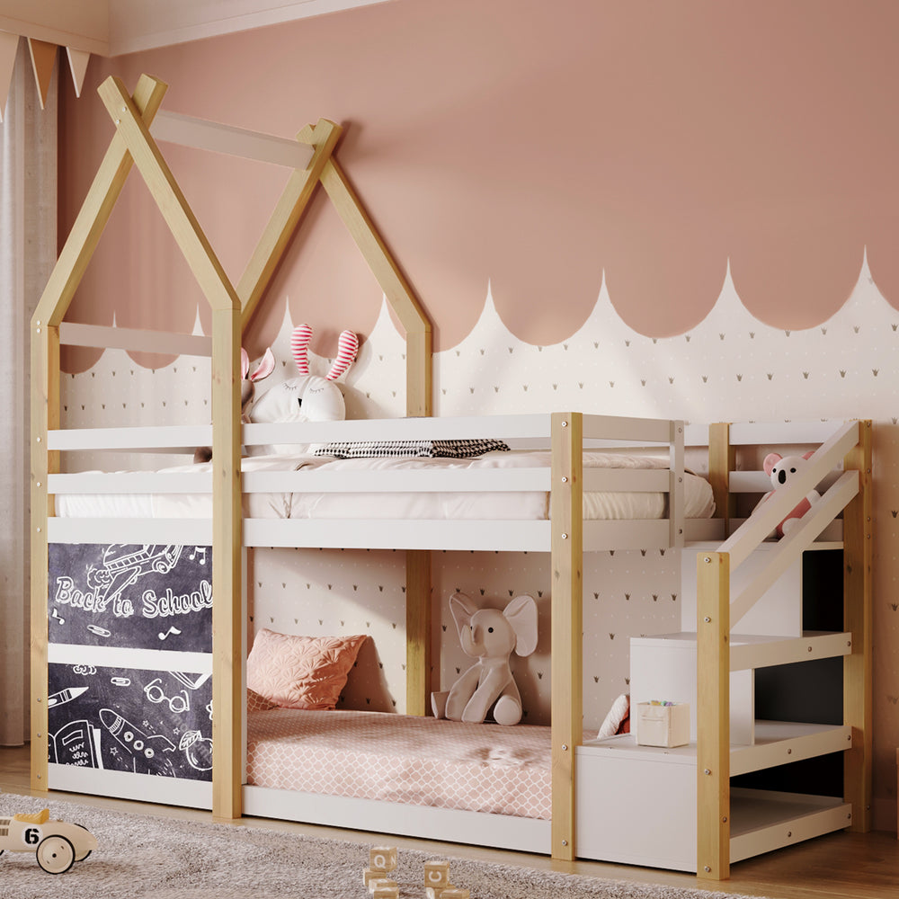 Cozy Twin House Bunk Bed with Storage Steps & 2 Fun Blackboards