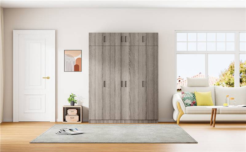 Stylish Gray Four-Door Wardrobe with Drawer and Cabinet