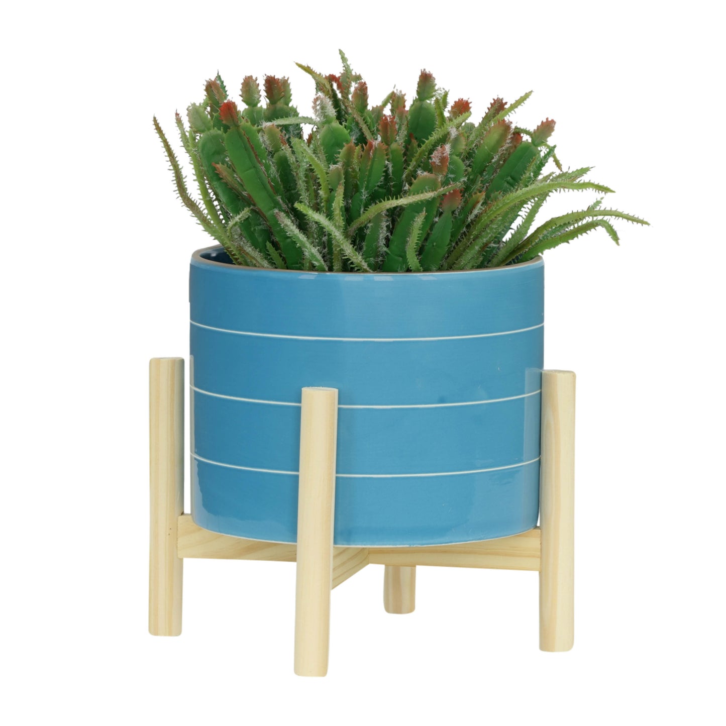 Sky Blue Striped Planter with Wooden Stand