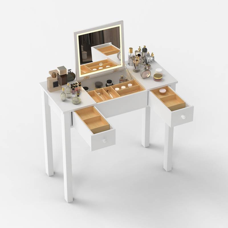 Glamorous Glow Vanity with Flip Mirror & Jewelry Storage