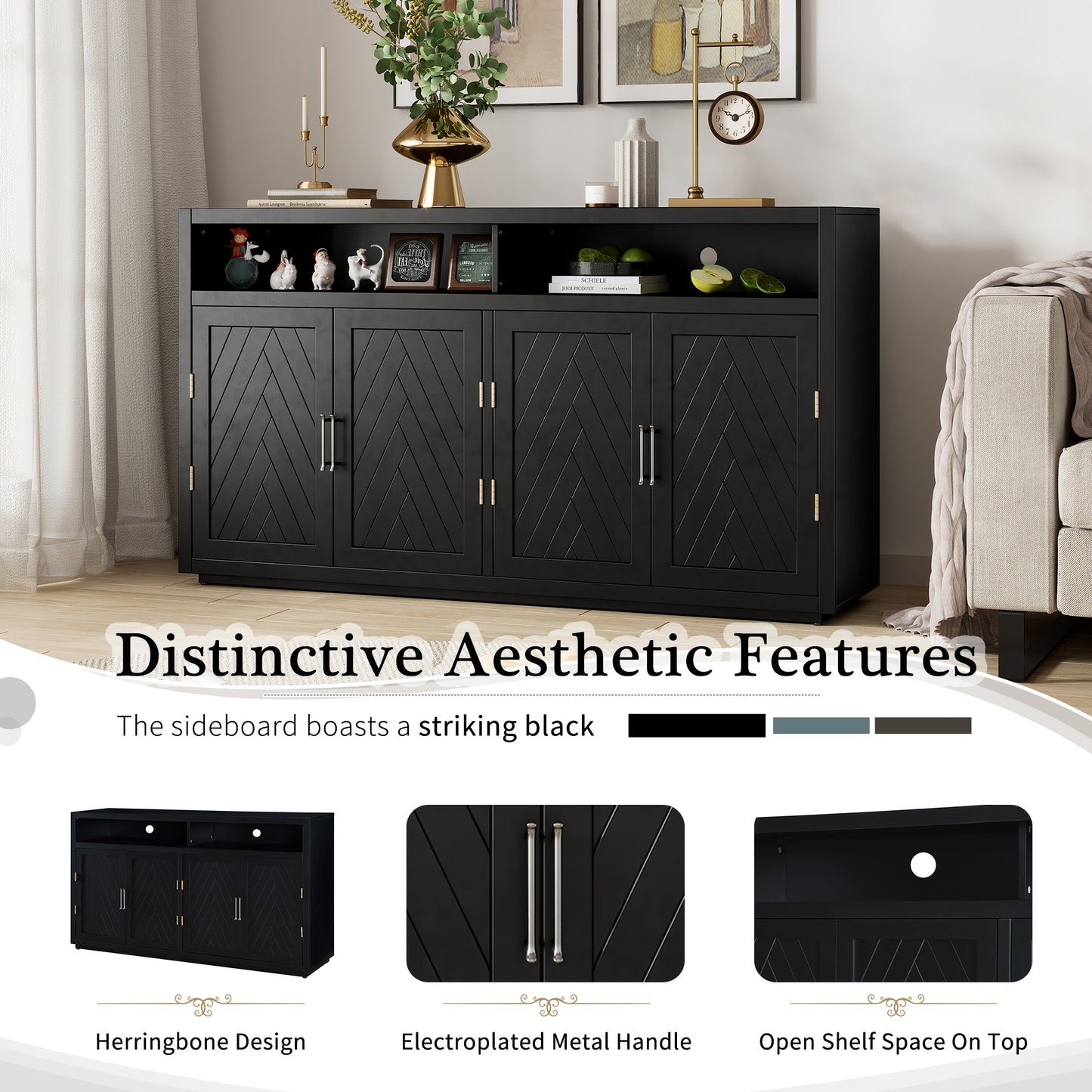 Stylish Black Classic Sideboard with Adjustable Shelves