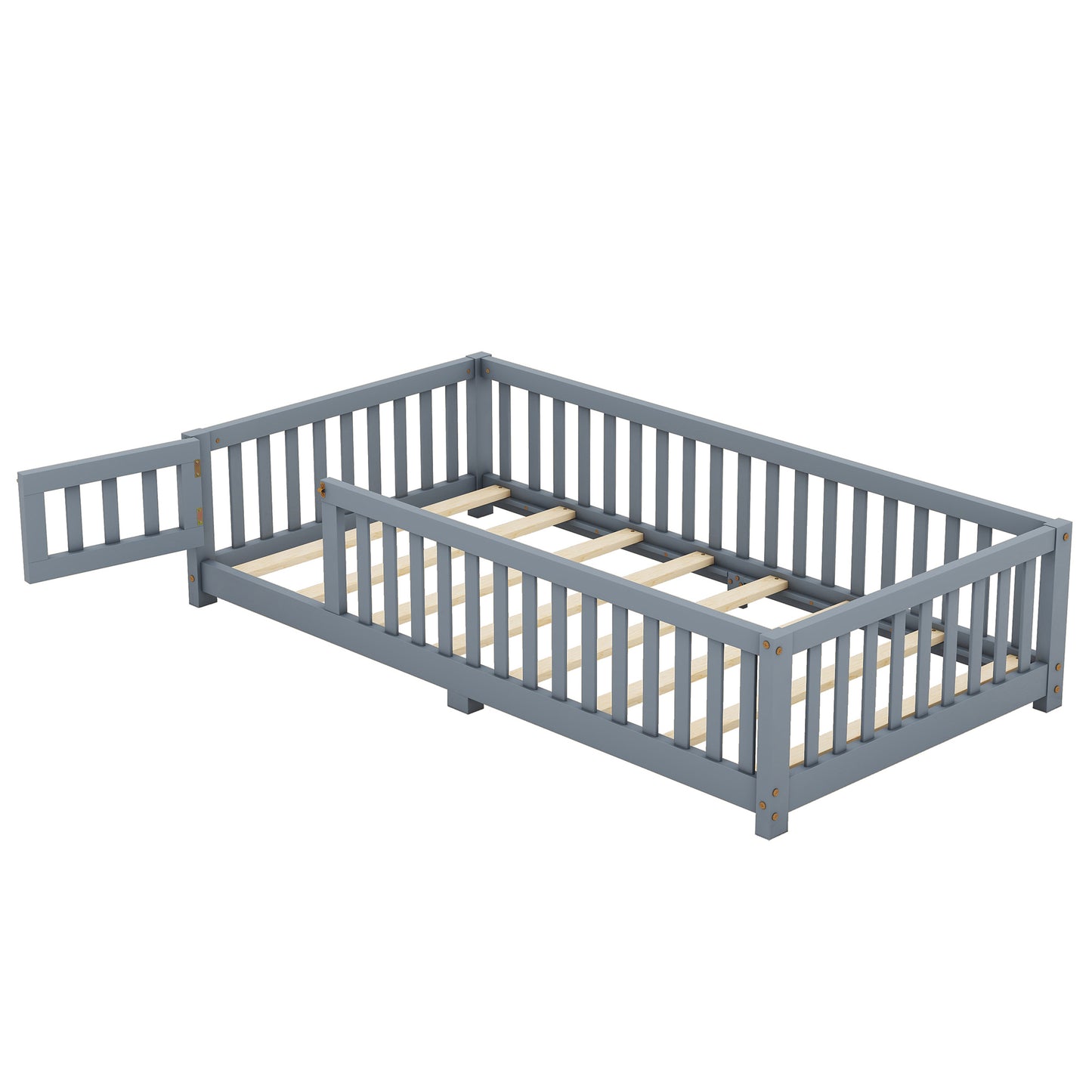 Cozy Kids' Twin Floor Bed with Safety Rails and Door - Gray