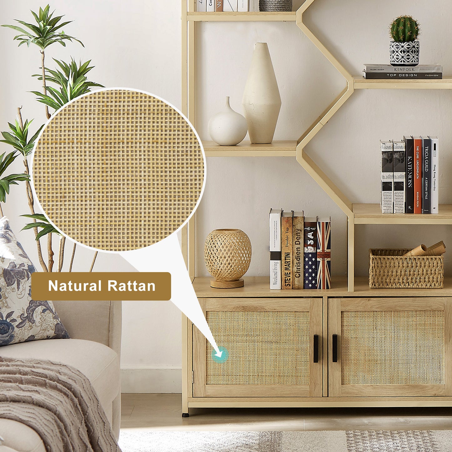 Natural Rattan Tall Bookshelf with Cabinet