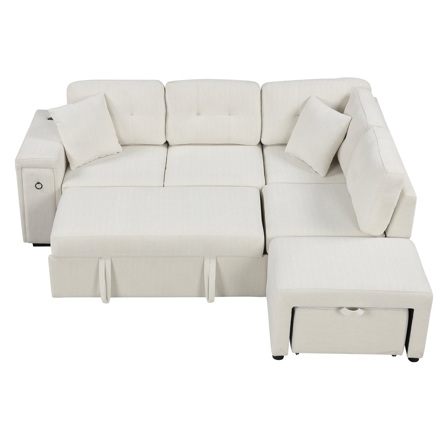 Haven L-Shaped Sofa Bed with Ottoman & USB Ports - Beige