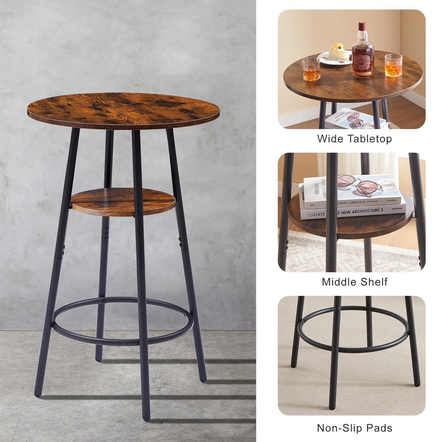 Rustic Round Bar Stool Set with Backrest and Shelves