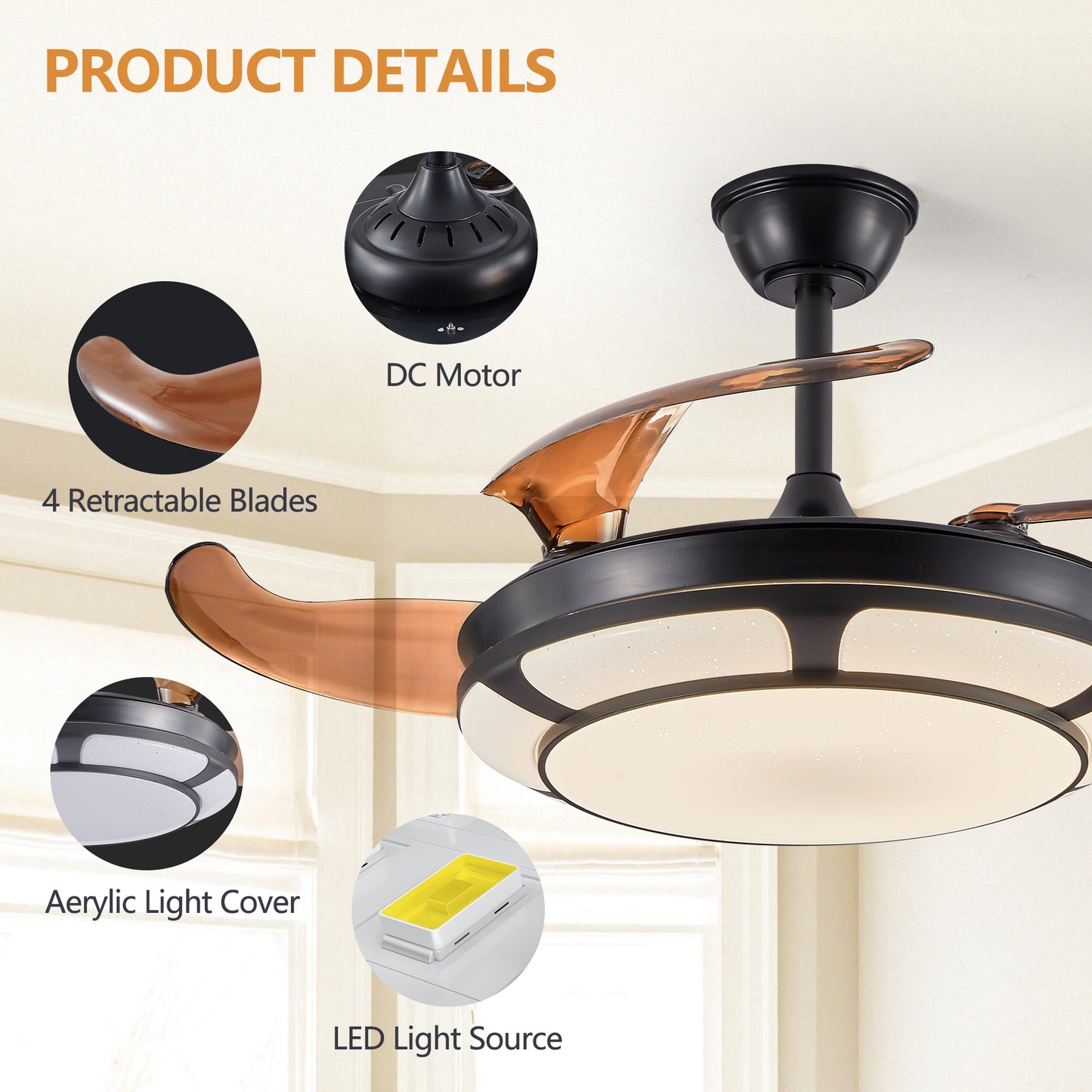 Sleek Retractable Ceiling Fan Light