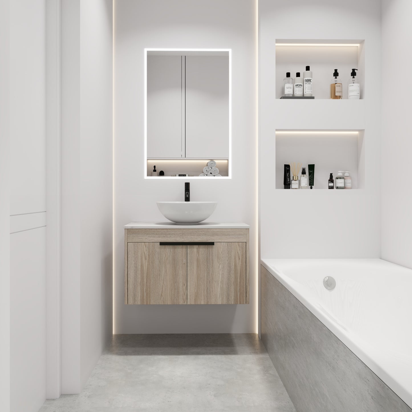 Sleek Oak Wall-Mounted Float Vanity with Ceramic Basin