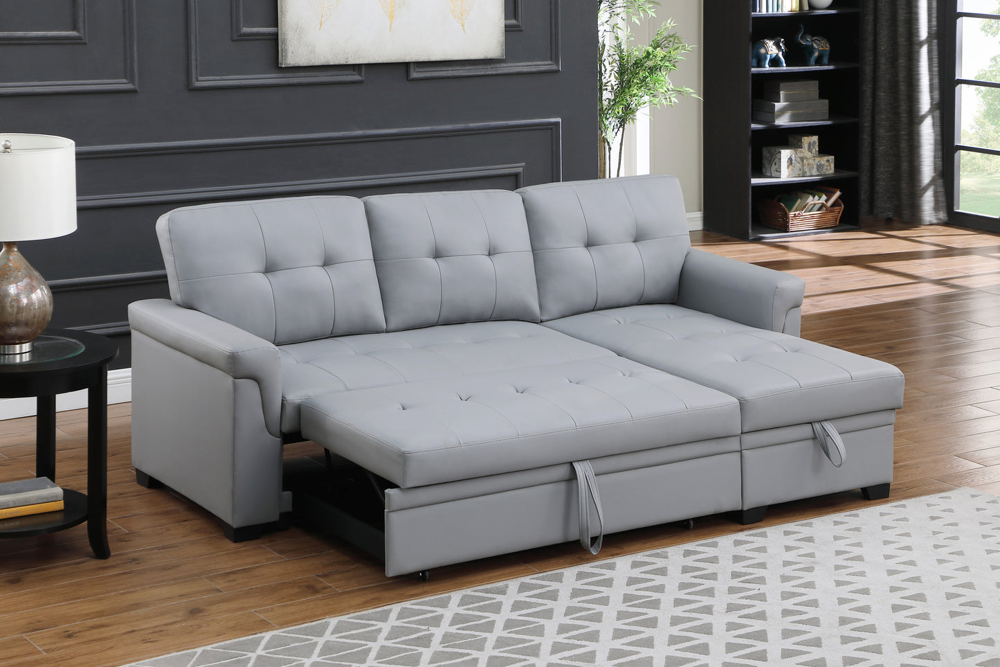 Cozy Escape Gray Vegan Leather Reversible Sofa with Storage Chaise