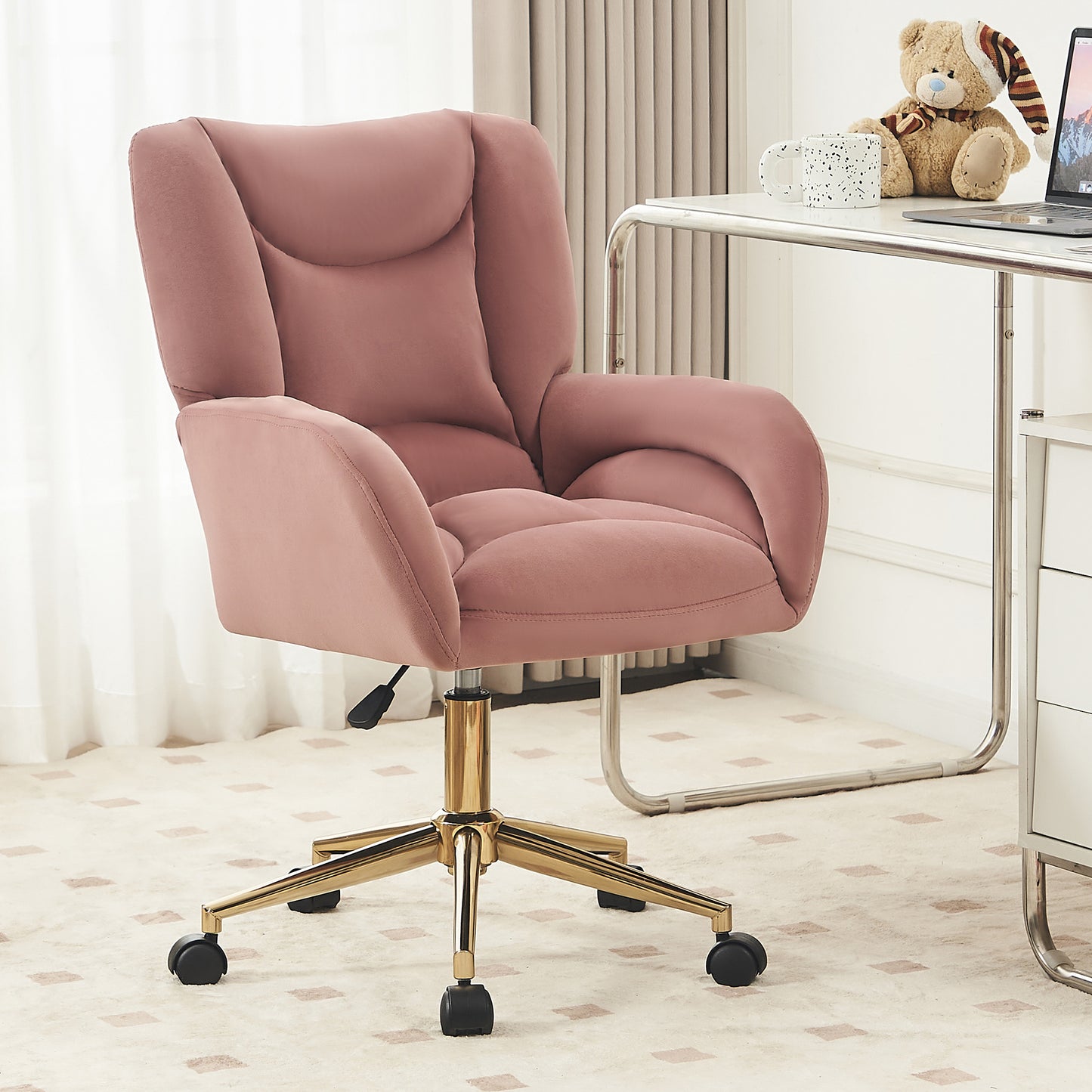 Chic Pink Velvet Swivel Chair with Gold Base