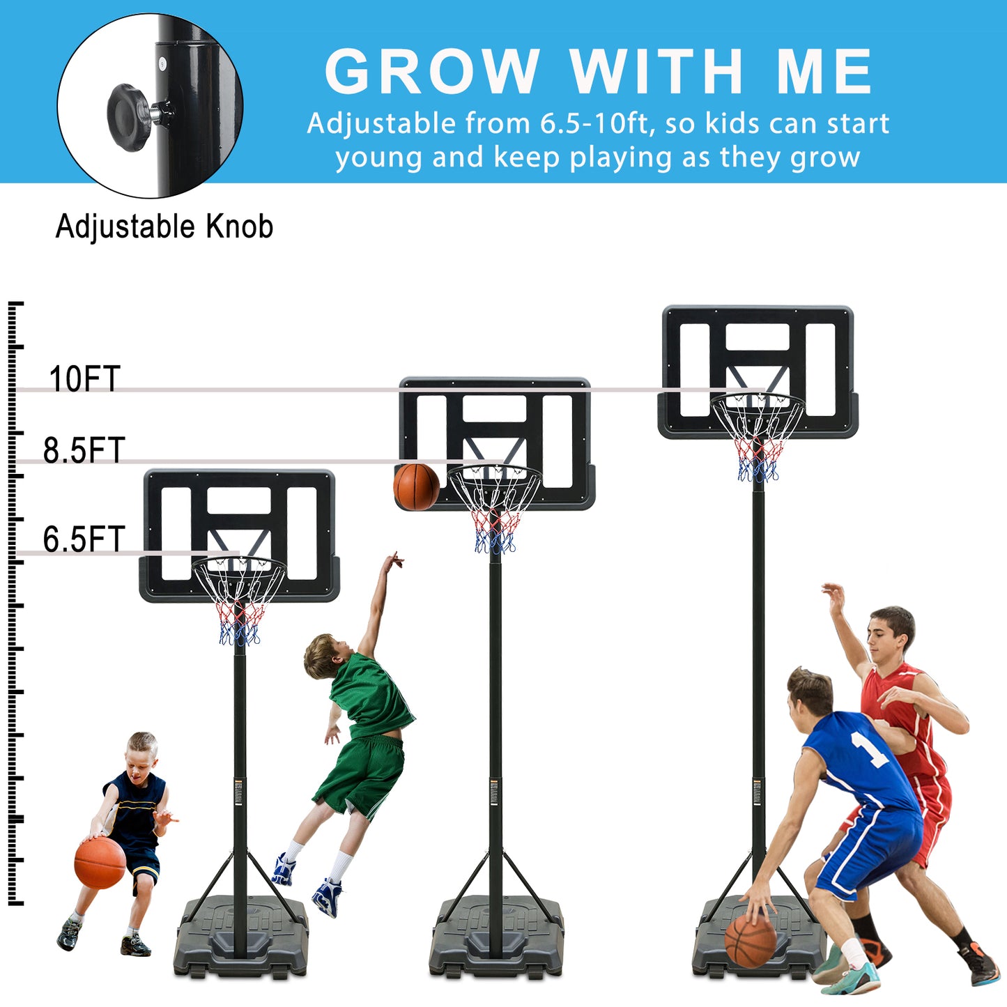 Adjustable Portable Basketball Hoop with Rolling Wheels