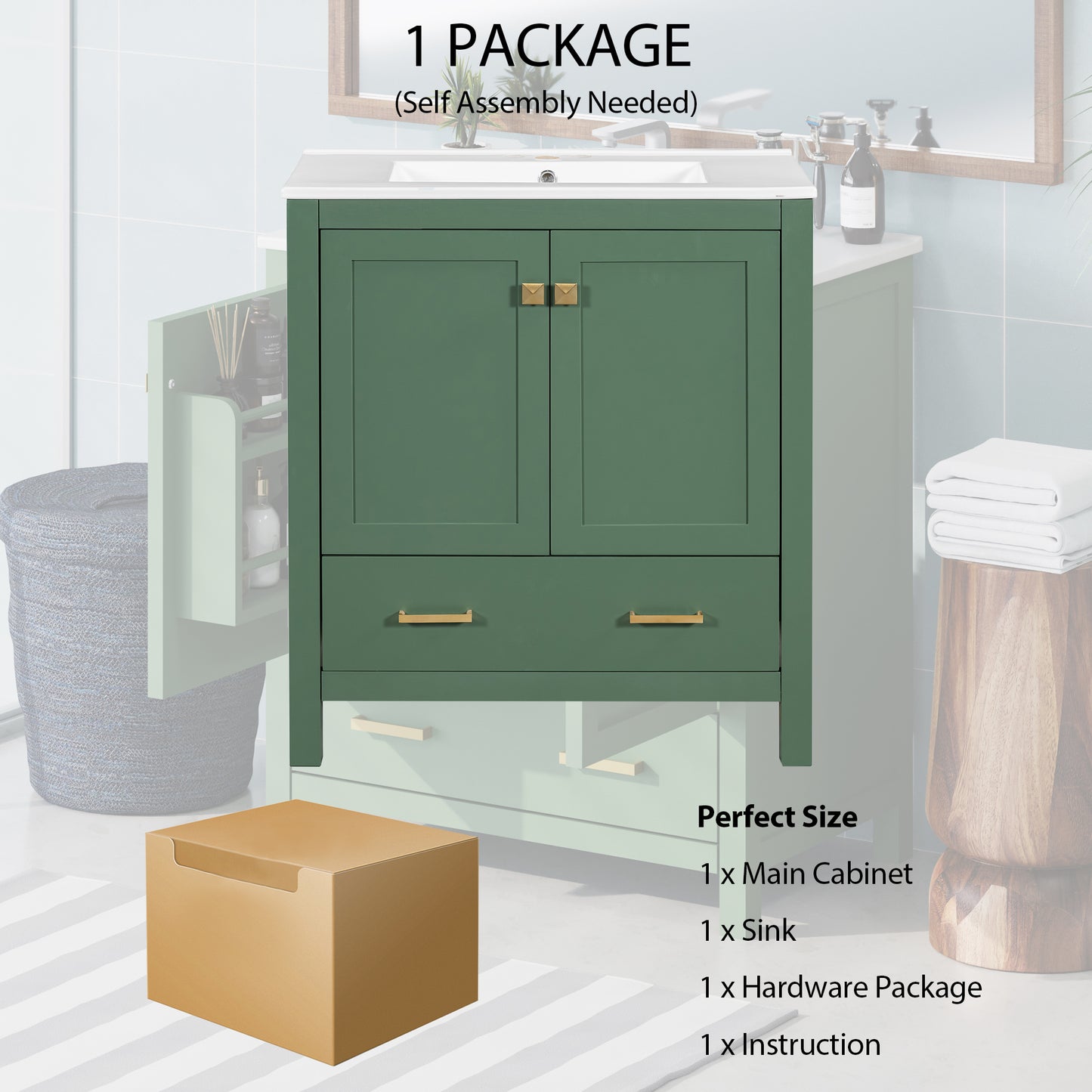 Chic Green Bathroom Vanity with Soft-Close Cabinet and Drawer