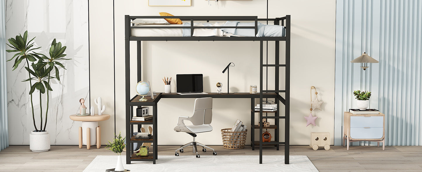 Vintage-Style Loft Bed with Desk & Storage