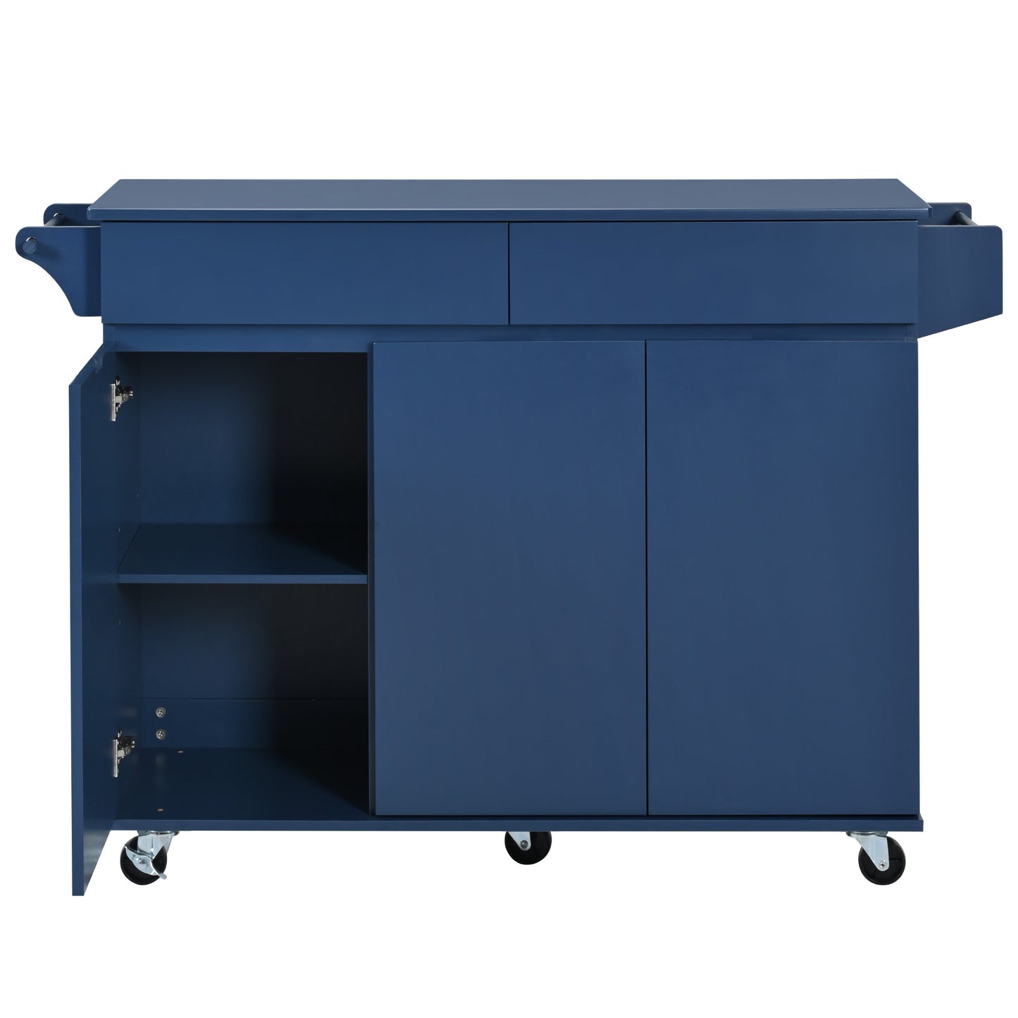 Navy Blue Rolling Kitchen Island with Drop Leaf & Storage