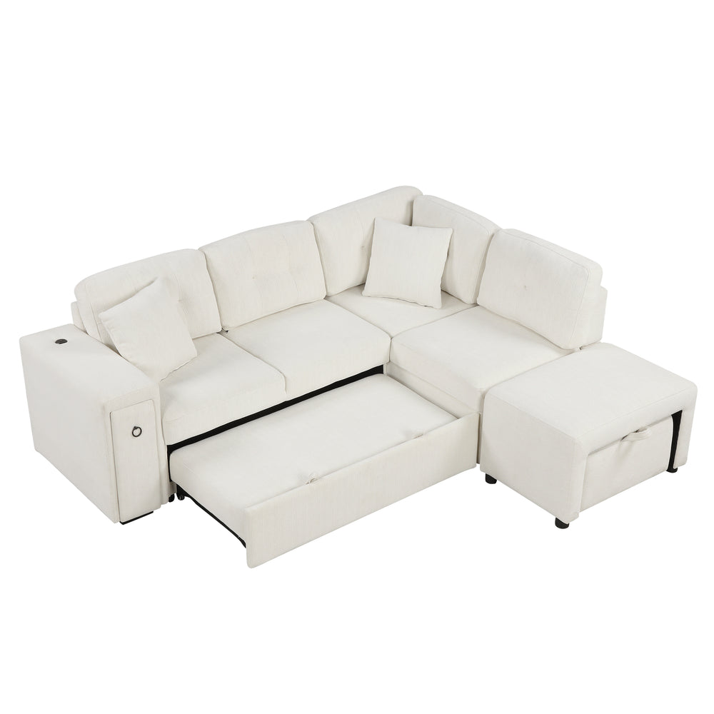 Haven L-Shaped Sofa Bed with Ottoman & USB Ports - Beige