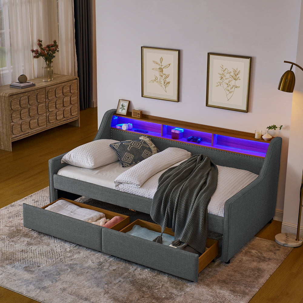 Cozy Grey Twin Sofa Bed with LED Lights & Storage Features