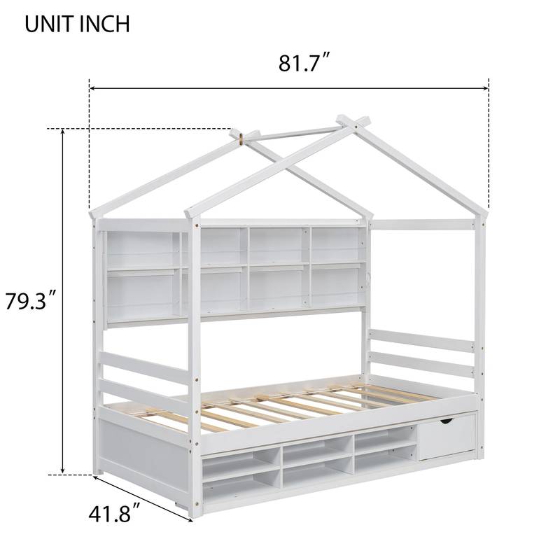 Cozy Twin House Bed with Roof & Storage