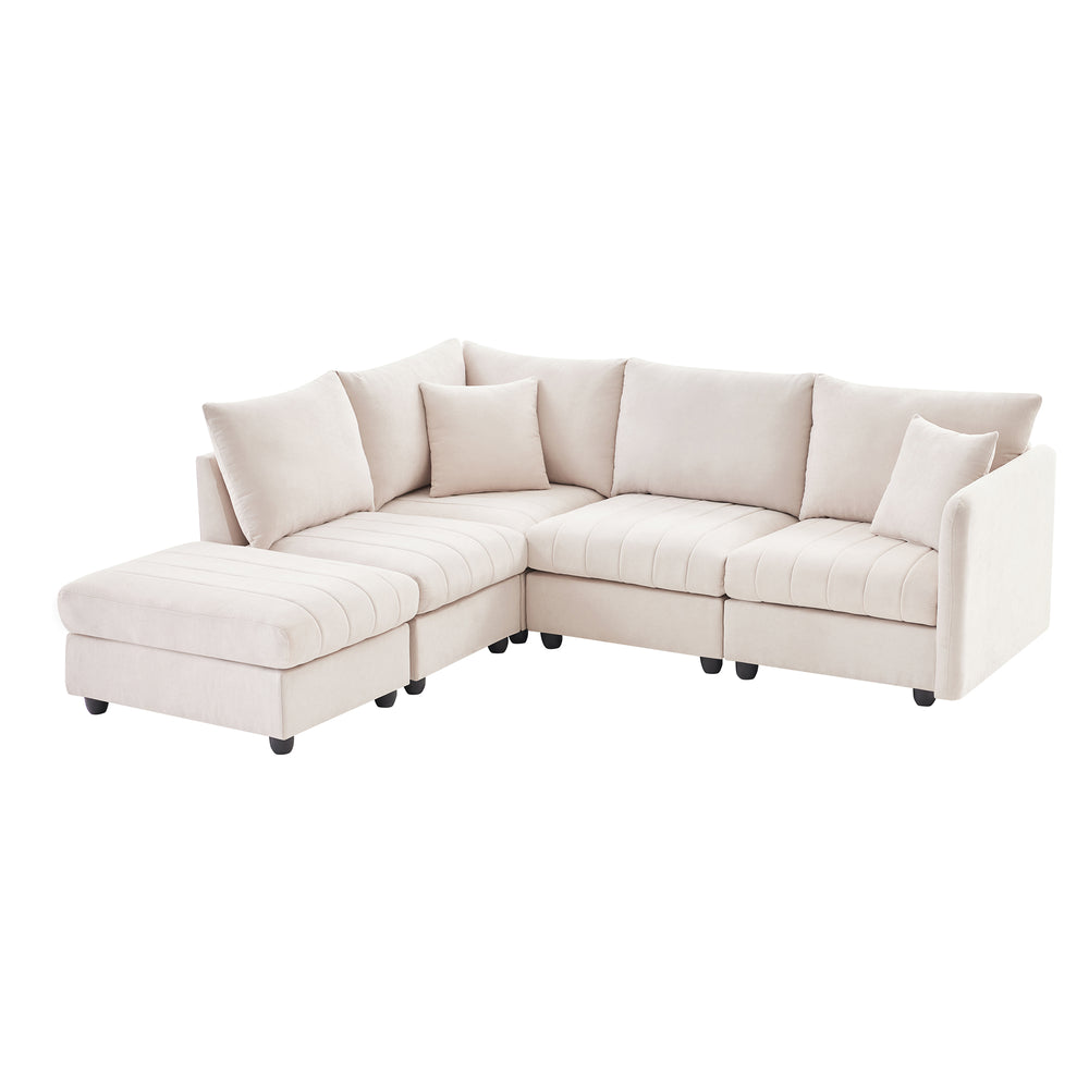 Chic Striped L-Shaped Sofa with Convertible Ottoman