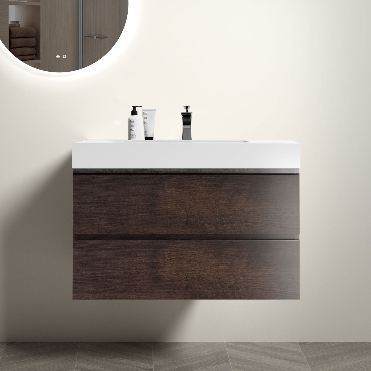 Walnut Wall-Mounted Vanity with Sleek Sink and Ample Storage