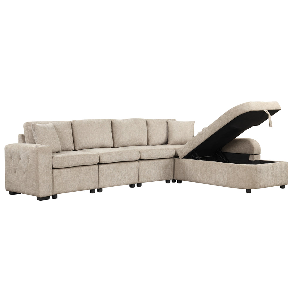 Cozy L-Shaped Sofa with Storage, Cup Holders, and USB Ports - Beige