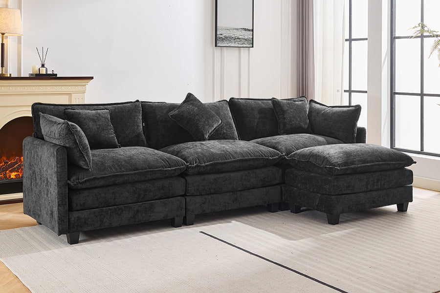 Chic L-Shape Chenille Sofa with Ottoman & Pillows