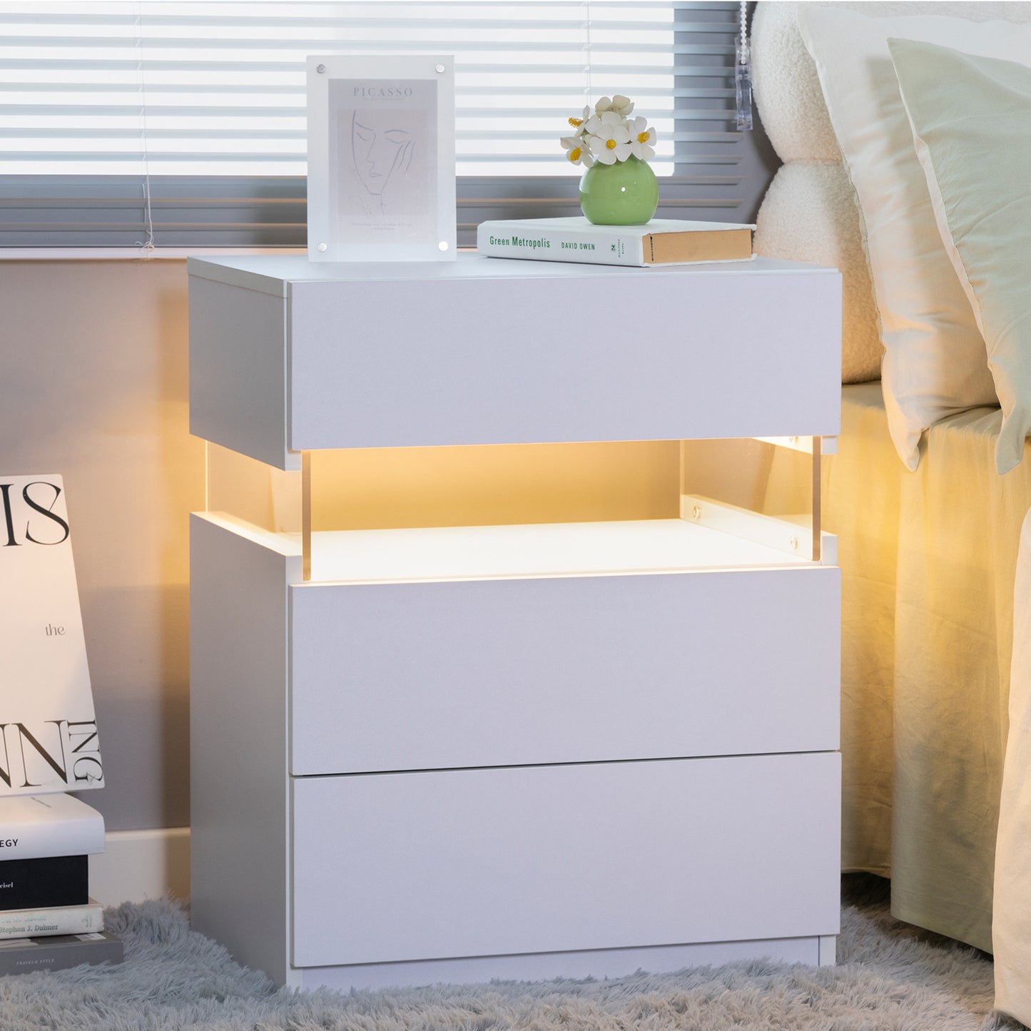 Glow Nightstand with Drawers – Modern LED Bedside Table in White