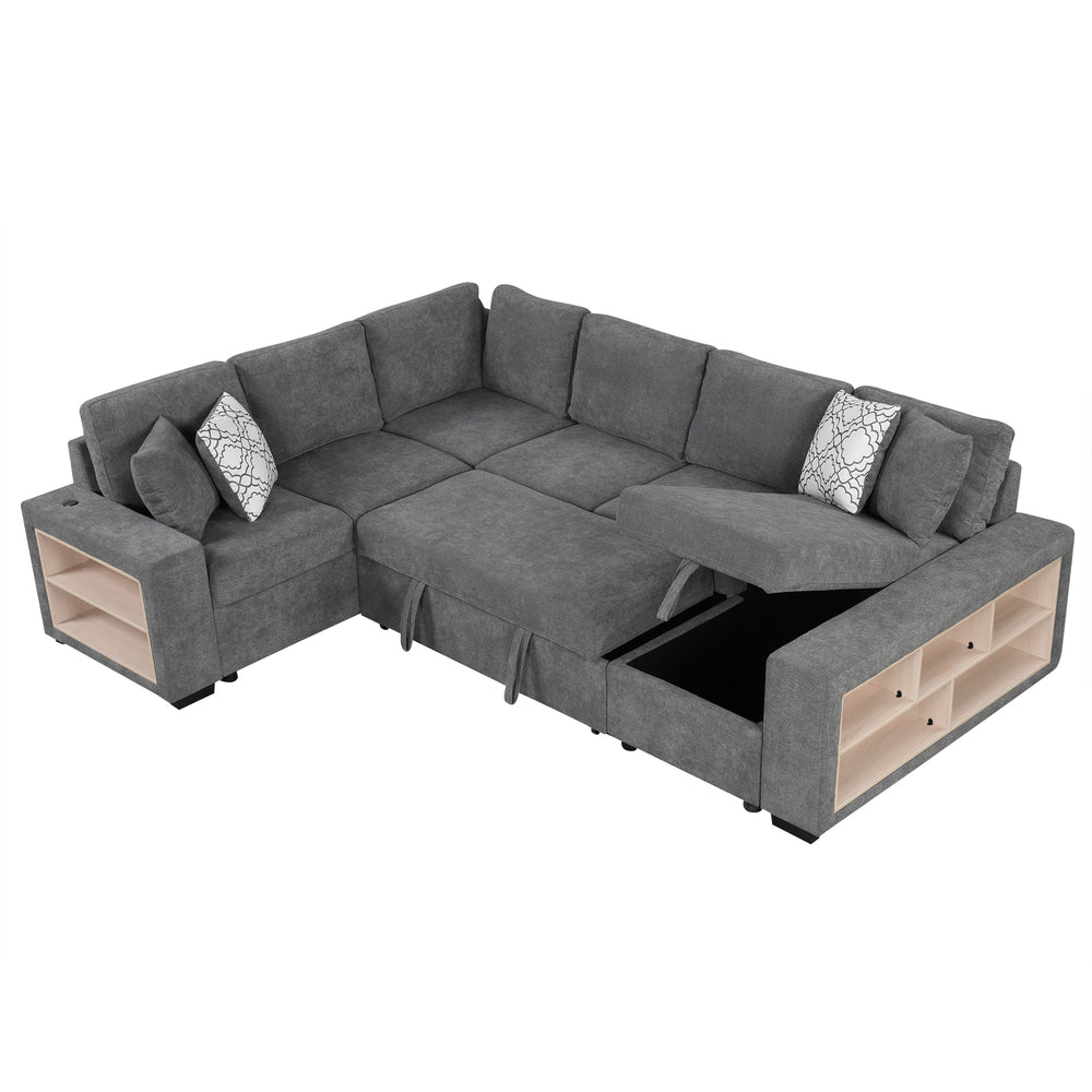 Cozy U-Shaped Sofa Bed with USB Ports & Storage Chaise