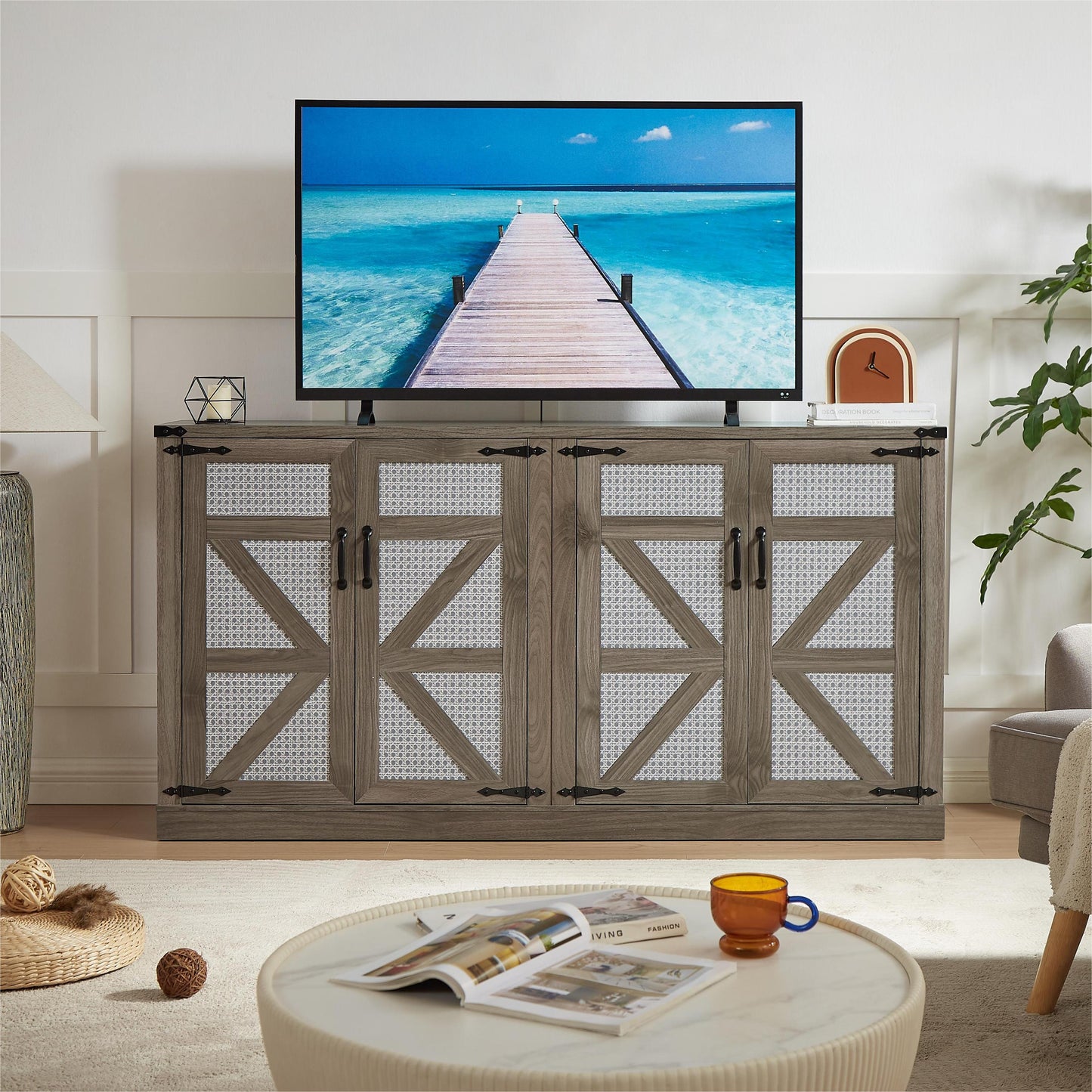 Rustic Barn Door Faux Rattan Sideboard