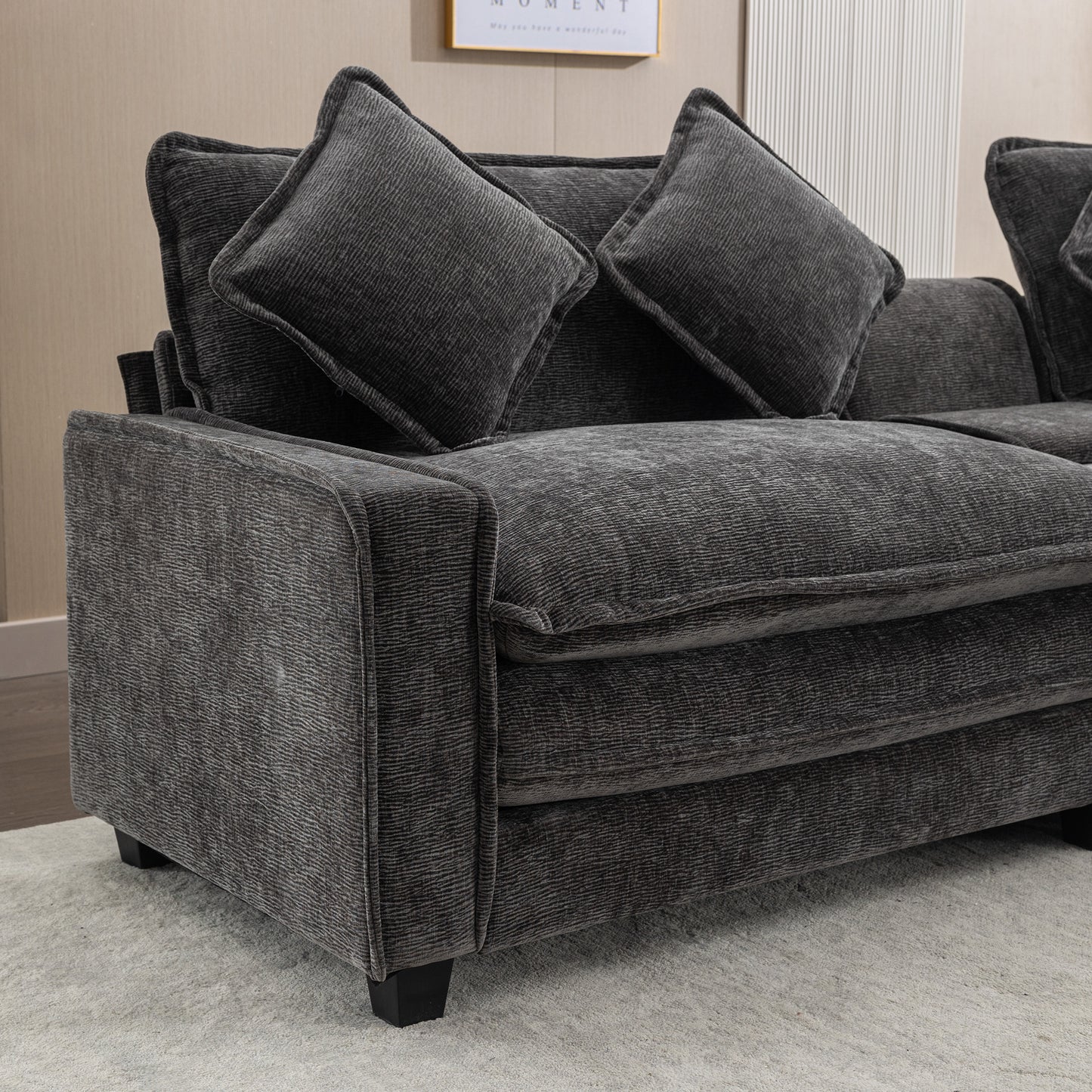 Cozy Black Chenille Sectional Sofa with Ottomans and USB Ports