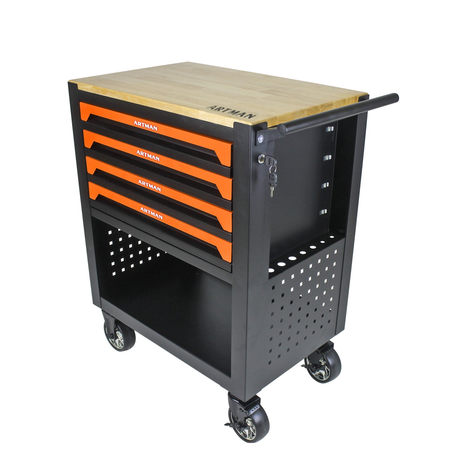 Orange Multi-Use Tool Cart with Wheels and Wooden Top