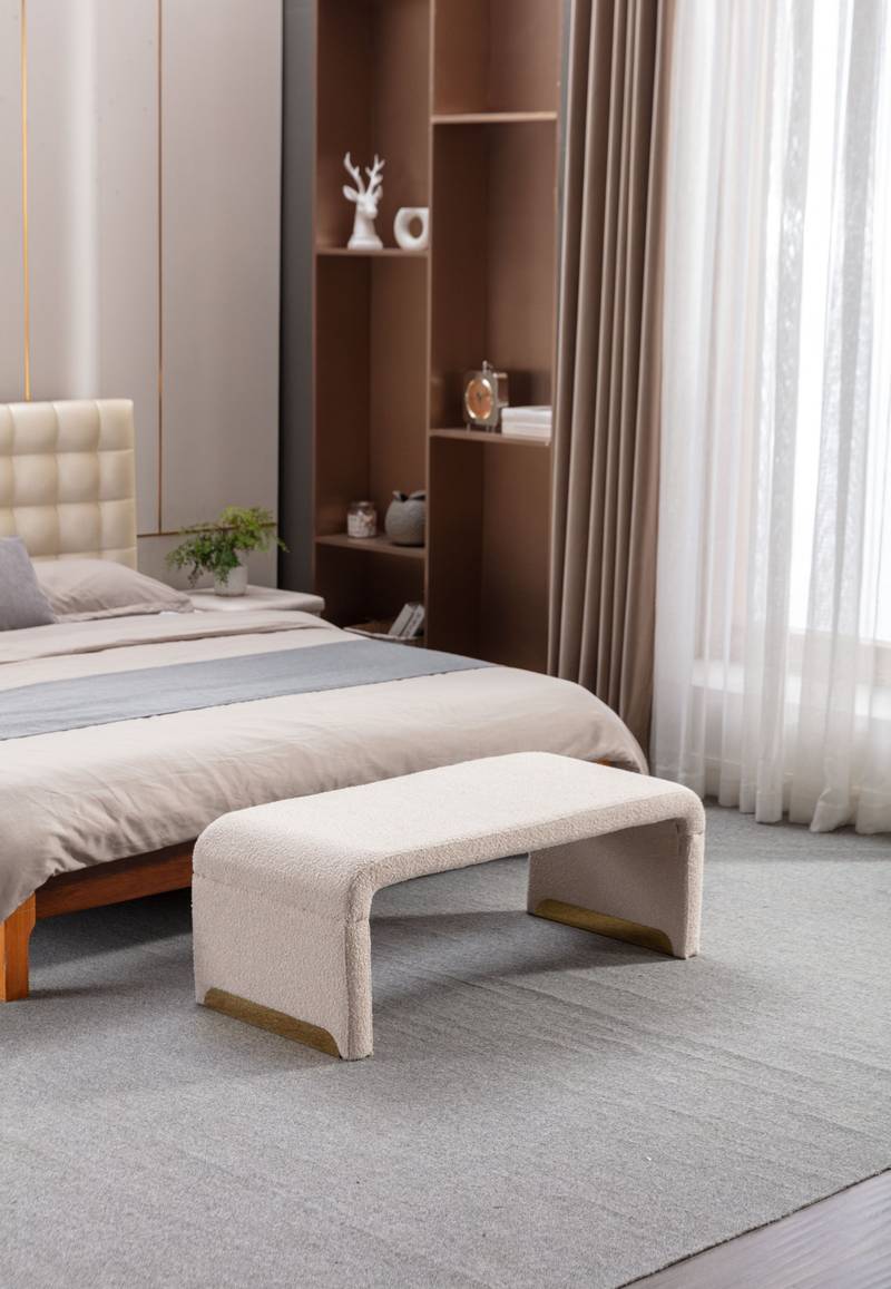 Chic Beige Boucle Ottoman with Gold Legs