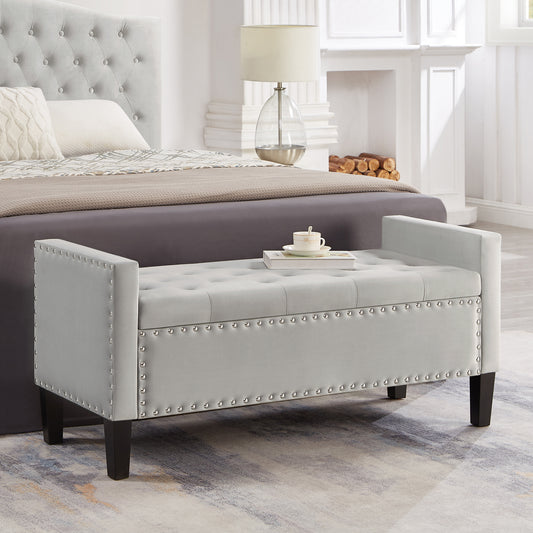 Cozy Gray Storage Bench with Armrests