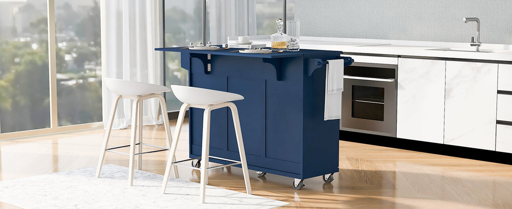 Navy Blue Rolling Kitchen Island with Drop Leaf & Storage