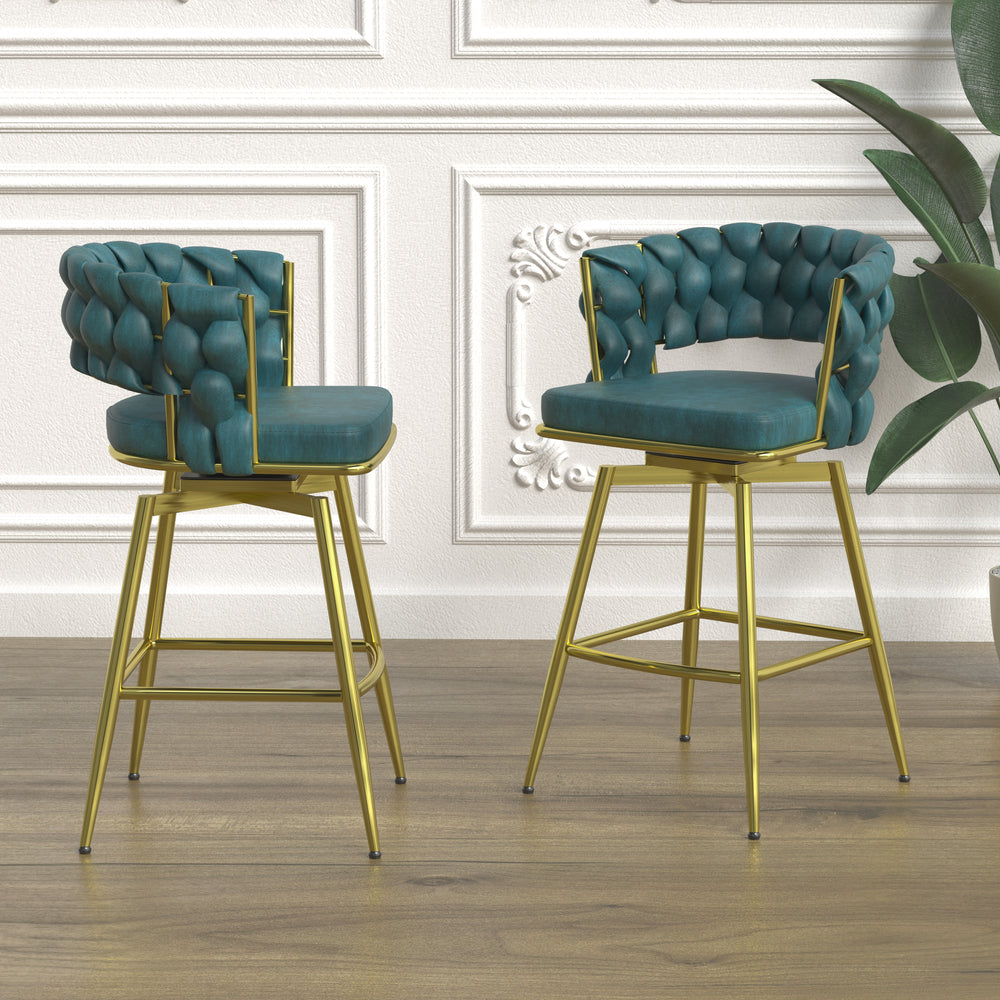 Chic Blue Swivel Bar Stools with Golden Legs - Set of Two