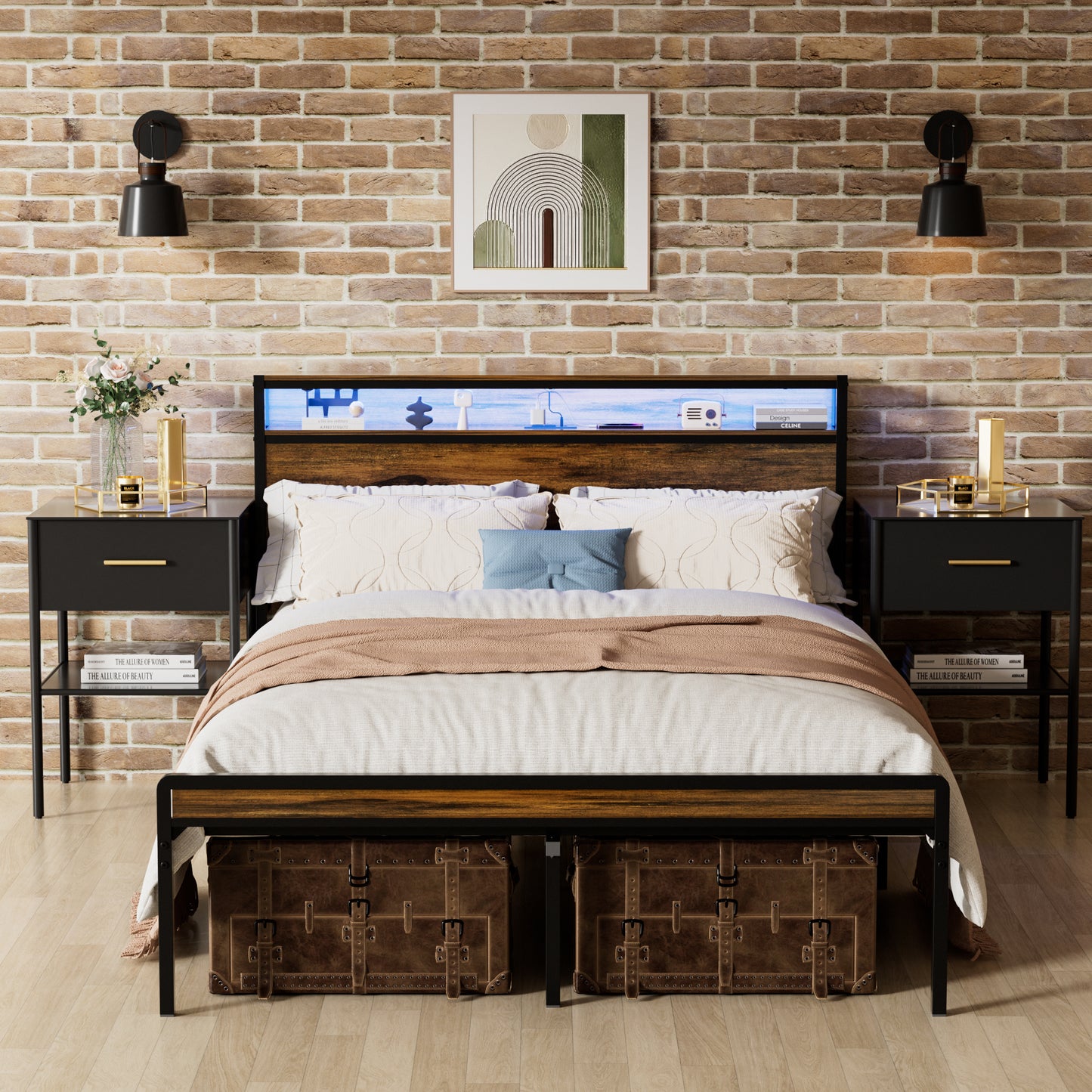 Chic Queen Bed Frame with LED Headboard & Storage