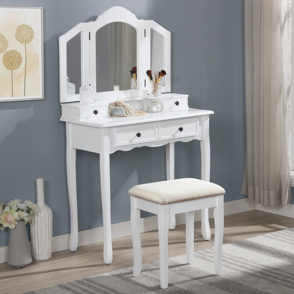 Charming White Vanity Set with Stool