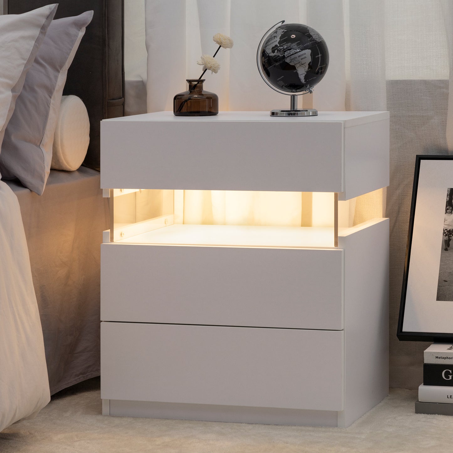 Glow Nightstand with Drawers – Modern LED Bedside Table in White