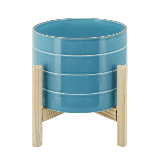 Sky Blue Striped Planter with Wooden Stand