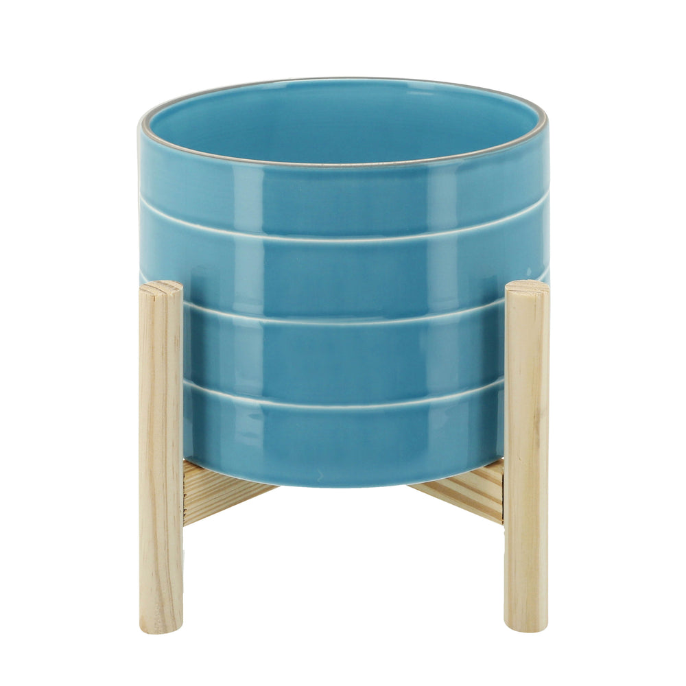 Sky Blue Striped Planter with Wooden Stand